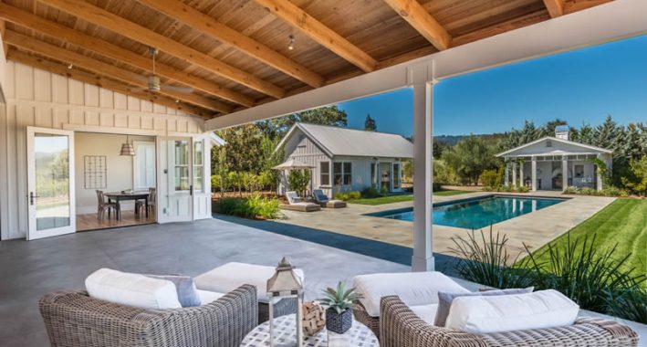 Modern Farmhouse covered patio with pool, pool house, guest house